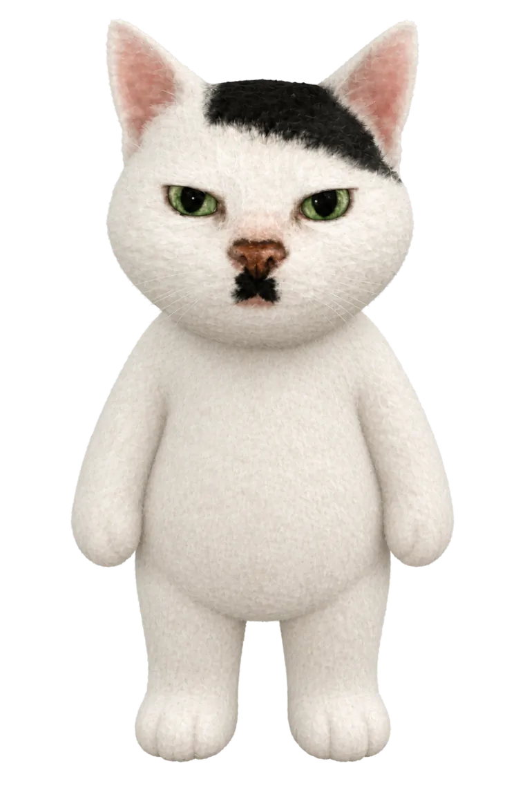 A white cat with a dark fringe standing on the red runner