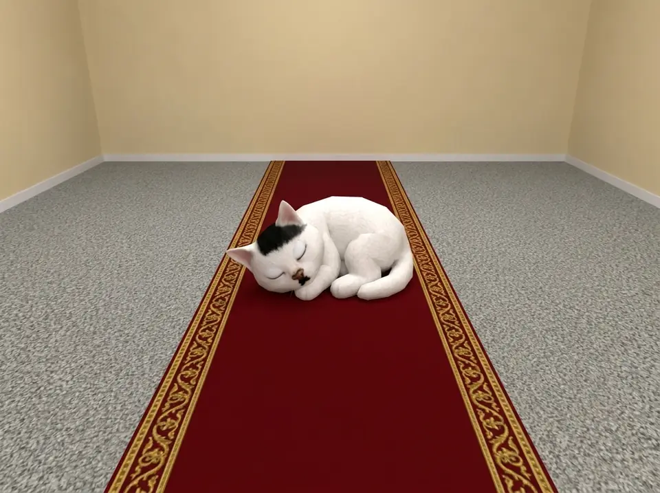 The cat asleep curled up on the red runner