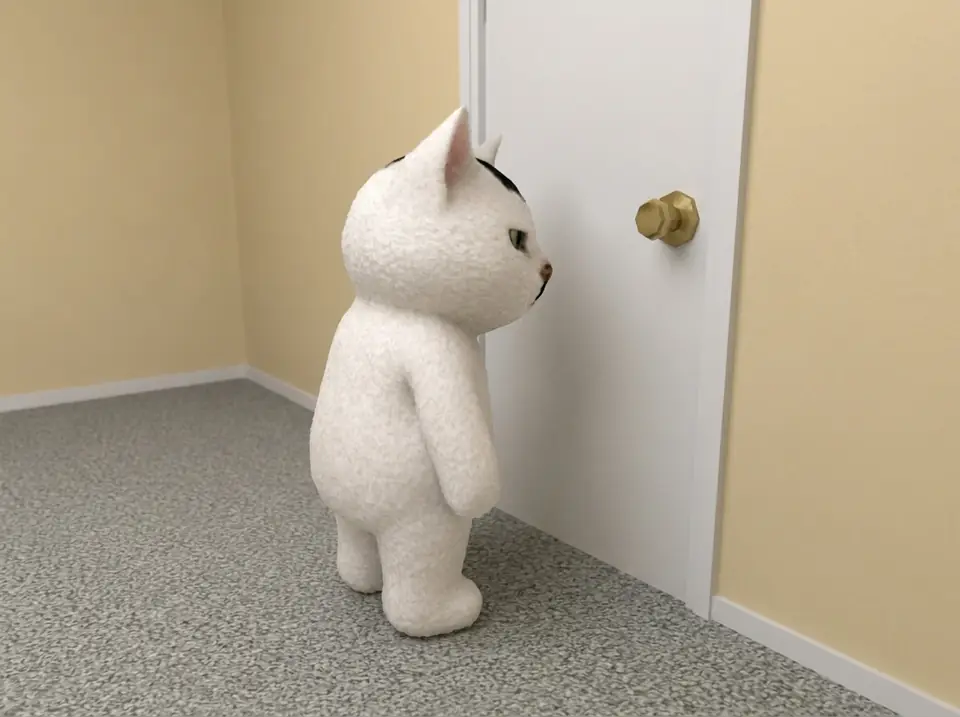 The cat standing nose to nose with a closed white door